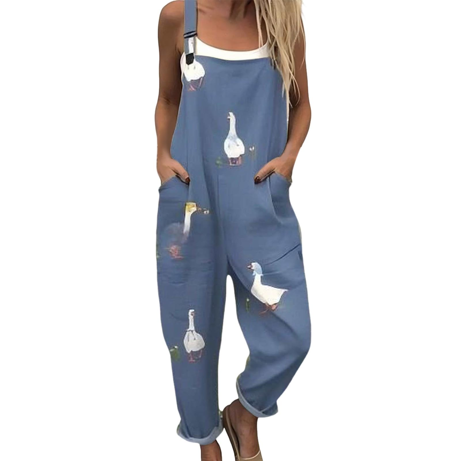 Generico Salopette Donna Estiva Lunga Elegante Tuta Jumpsuit Intera Curvy Casual Moda Stampa Jumpsuits Comoda Larga Pantaloni Da Lavoro Con Tasca Leggera Baggy Salopettes da Casa, Playsuit Mare