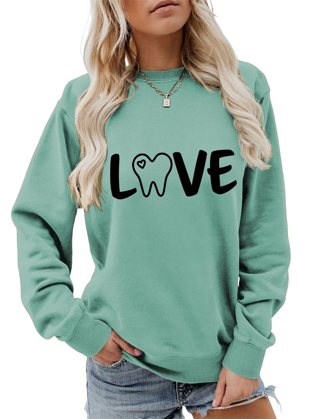 Sacpceml Love Tooth Sweatshirt, Dental Assistant Graphic Camp Sweater Women Outdoor Dentist Crewneck Dental Pullover Tops Green