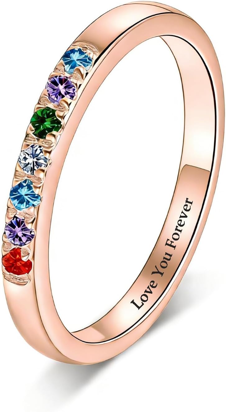 S925 Sterling Silver Personalized Family Birthstones Ring, Minimalist Gemstone Ring, Custom Dainty Multi-Stone Ring, Colorful Cubic Zirconia Stackable Promise Ring for Her