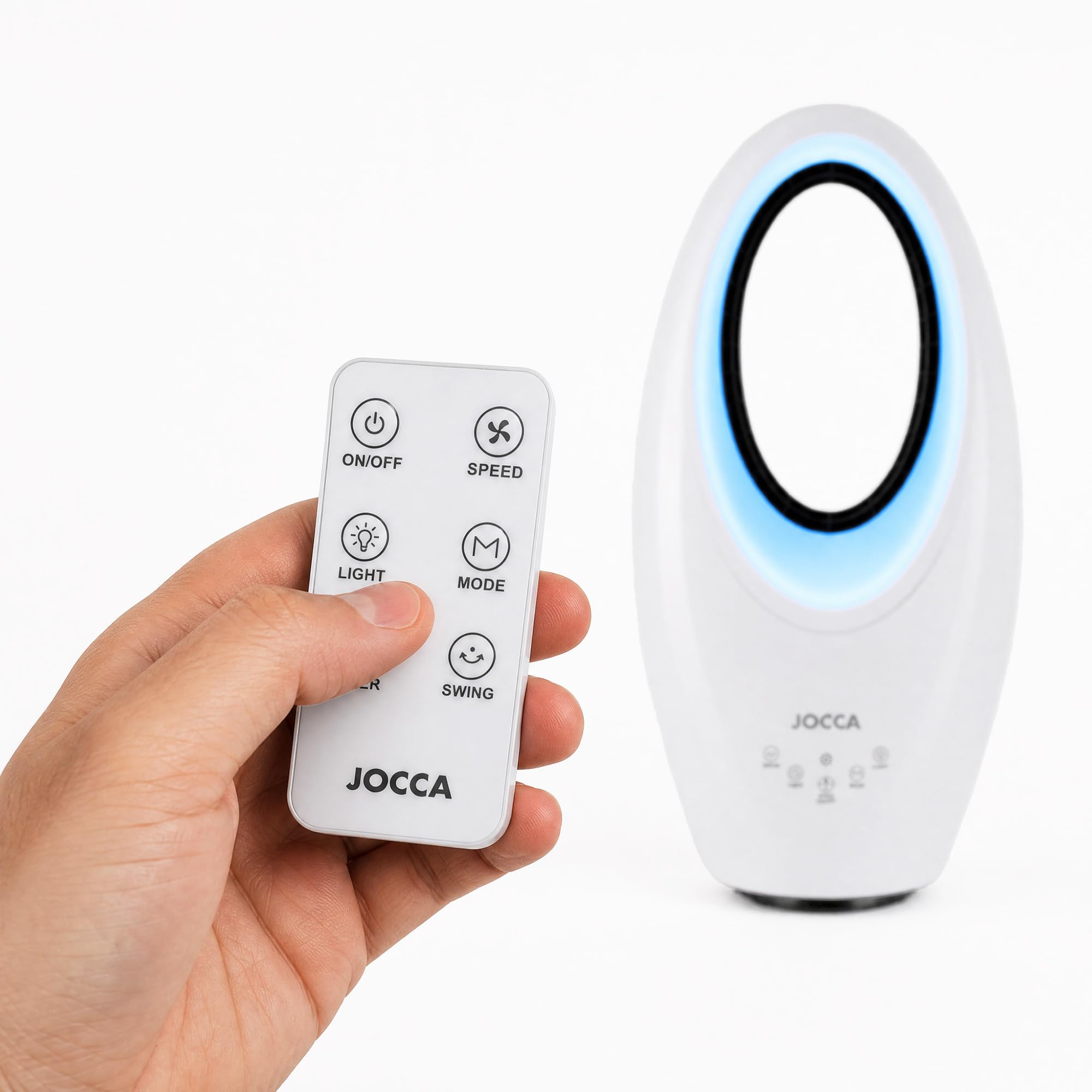 Jocca - Ventilateur Sans Pales avec Télécommande | Ventilateur Puissant et Silencieux | Lumière Nuit LED | 3 Vitesses | Commande Tactile | Minuterie | Blanc | 29,2x17,1x57,2cm