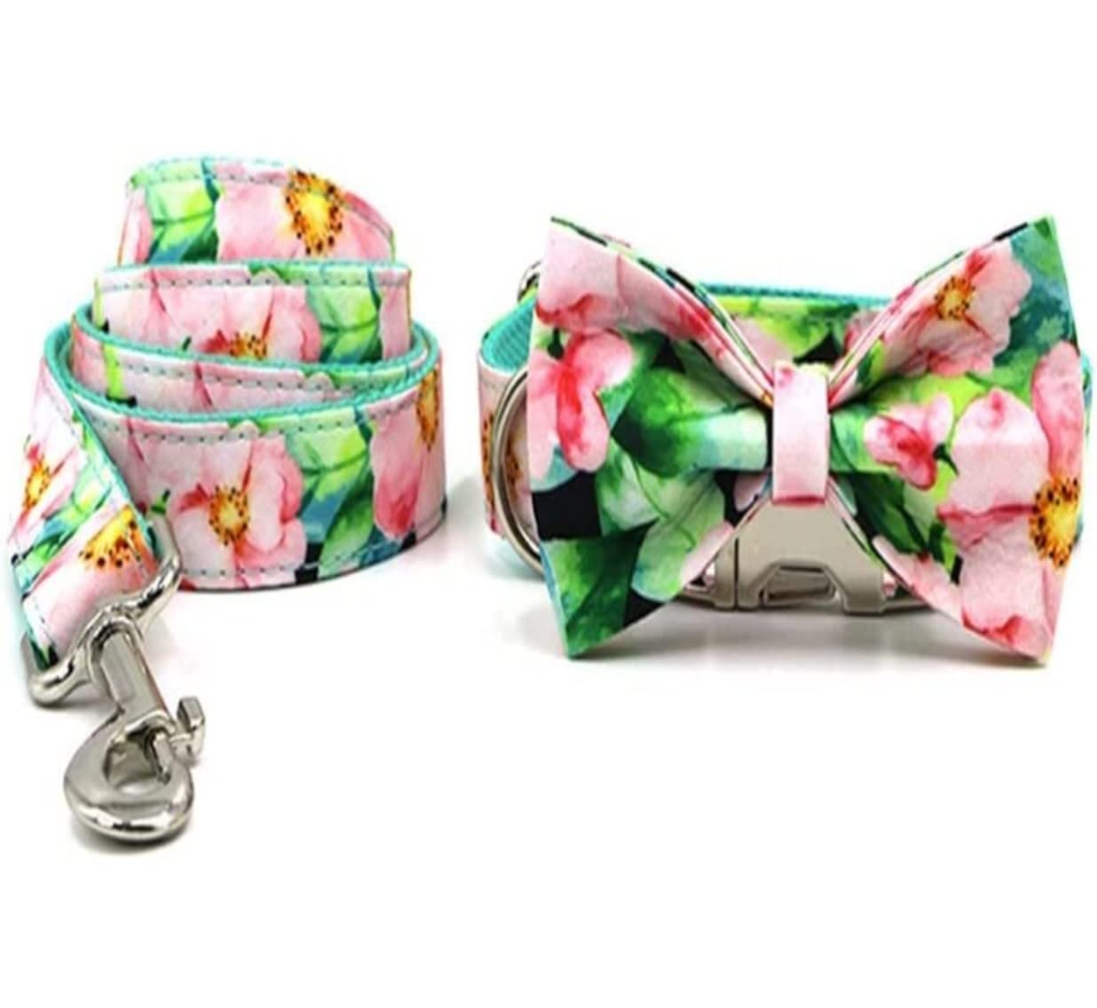 Correa Perro Correr Collar para Perro Mascota, Estampado Floral Rosa Personalizado, Bonito Conjunto De Y Correa para, Hebilla Liberación Rápida Antideslizantes Reforzada(42-48cm)