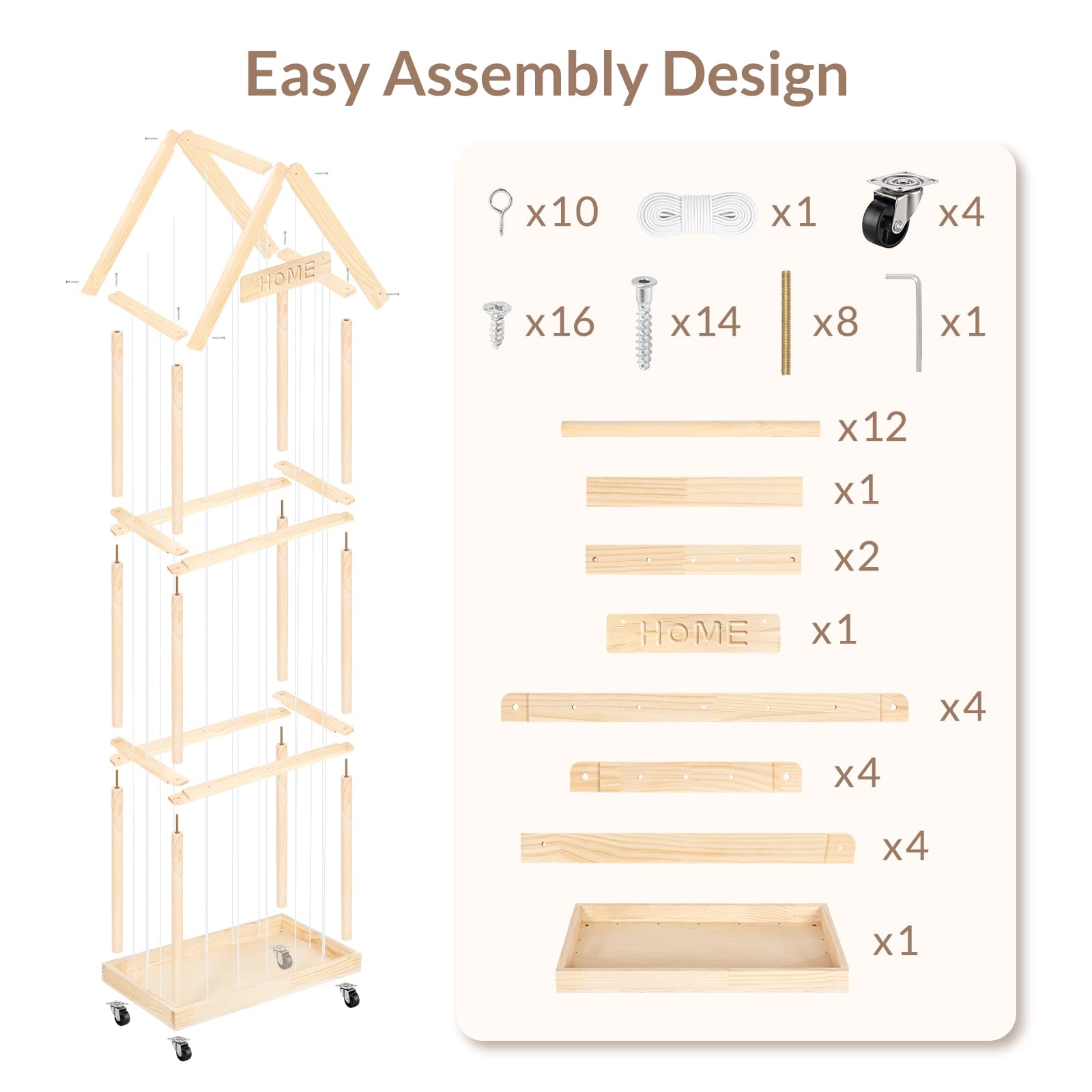 Todeco Organizador Peluches 164x32x58 cm 3 Niveles con Ruedas 360° | Espacio Extra, De Madera, Ahorro de Espacio para Dormitorio y Sala de Juegos