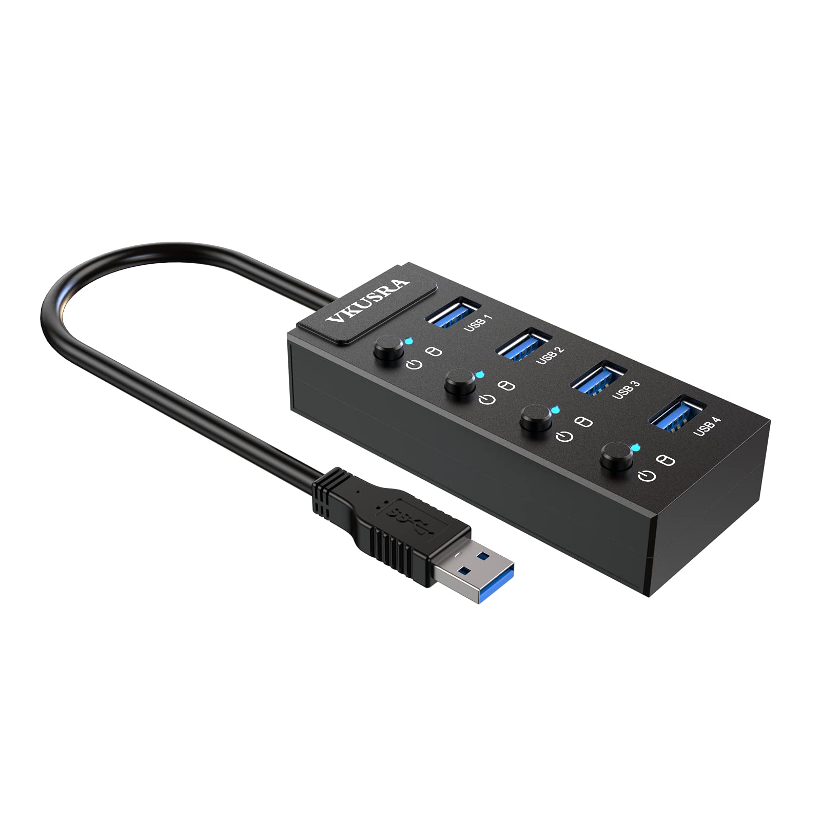 VKUSRAUSB 3.0 Hub, 4-Port USB Splitter USB Data Hubs with LED Individual On/Off Switches, Lightweight Extender USB Hub for Laptop, MacBook, Mac, Surface Pro, PS4, PC, Flash Drive, Mobile HDD and More