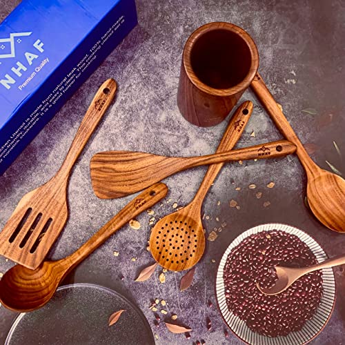 Wooden Spoons For Cooking, Nhaf Premium Teak, Healthy Spoons & Spatula, Durable Eco-Friendly Wooden Utensils For Cooking, Wooden Cooking Utensils Set With Holder & Canvas Bag, Wooden Cooking Spoons. #TOP4