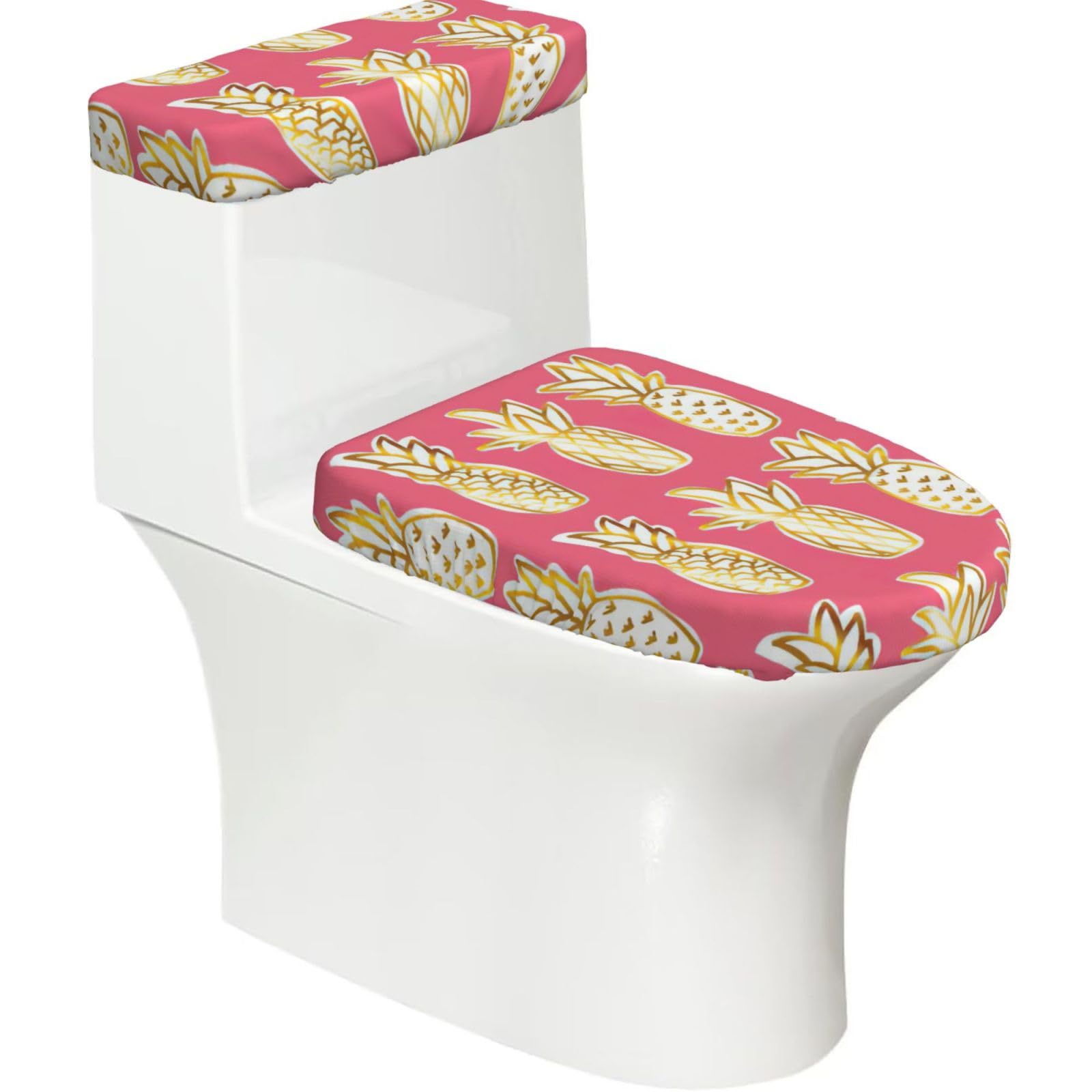 Pineapple Print 2-Piece Stretch Toilet Cover Set, Elastic Breathable Toilet Seat and Tank Lid Protector