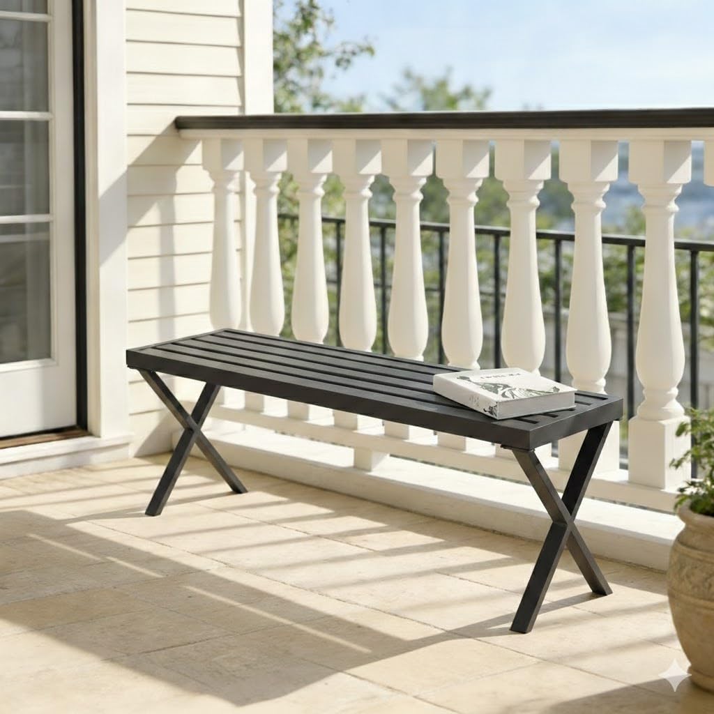 Outdoor Metal Backless Bench Weatherproof Patio Bench with Slatted Seat, X-Shaped Legs, All-Weather Garden Bench for Porch, Patio, Lawn and Backyard, Black