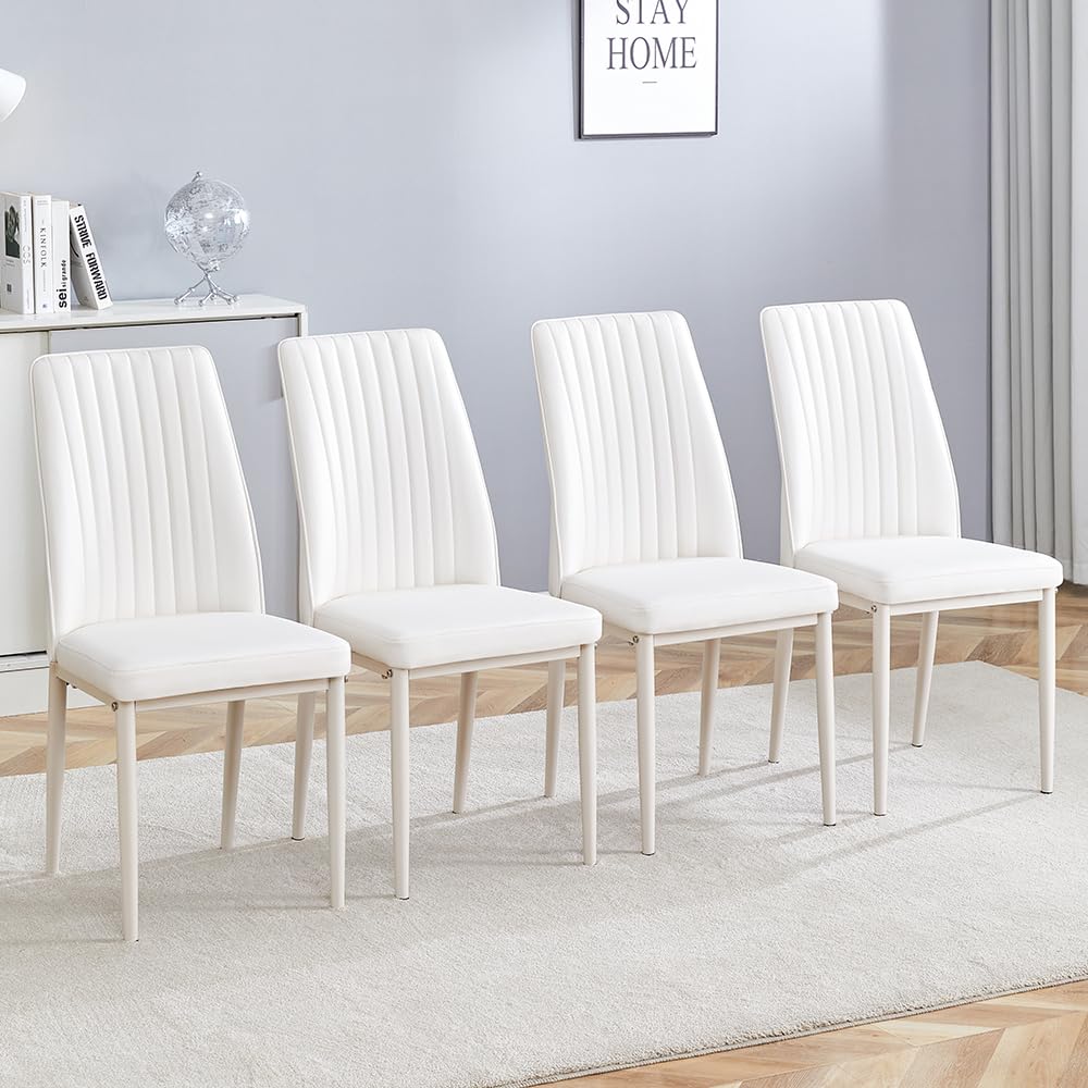 WEKEOT Modern Dining Chairs Set - 4 PU Leather Armless Chairs with Metal Legs for Dinner Room, Office, Waiting Room (Set of 4, All-White)