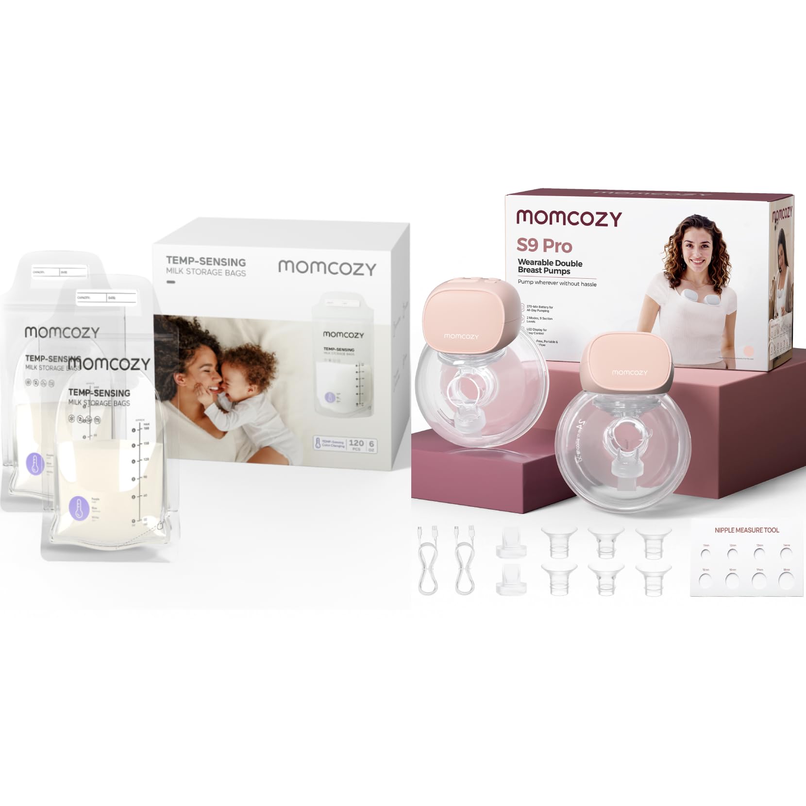 Momcozy Sachets de Congélation Lait Maternel 180mL - Lot de 120 & Momcozy S9 Pro Tire Lait Electrique Actualisé, Tire-lait Mains Libres - 24mm (Rose, 2 Pack)