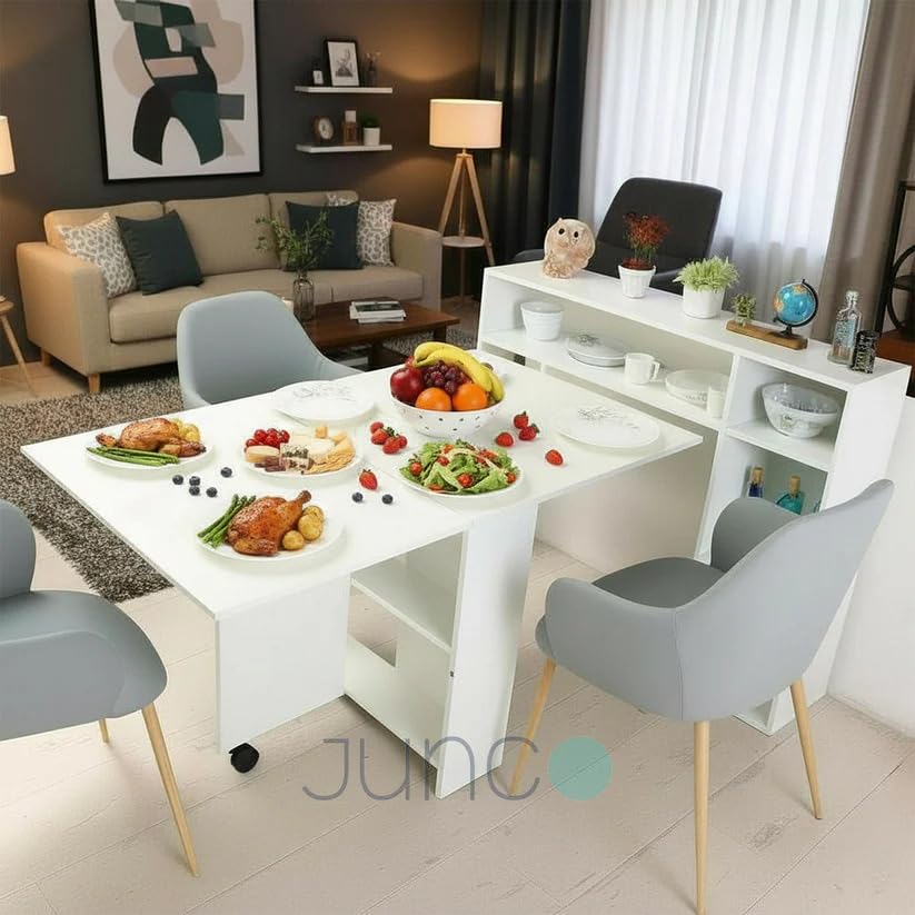 Image of junco Engineered Wood 6 Seater Folding Dining Table Without Chairs |2 Tier Storage with Dockin Unit for More Space for Storage