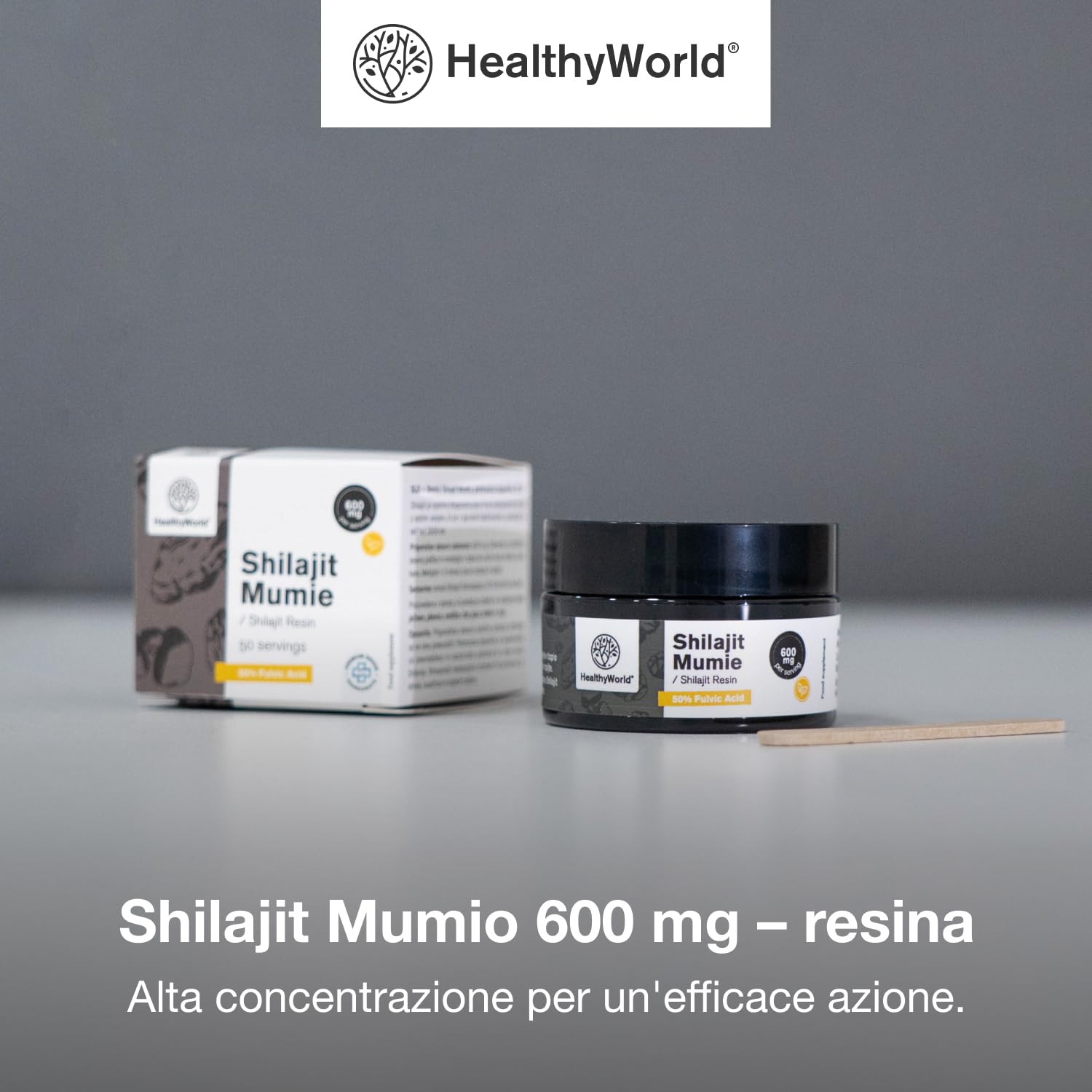 HealthyWorld Shilajit Mumio 600 mg – Resina ayurvedica - 50% di acidi fulvici – 50 dosi – Senza additivi – Dosatore incluso – Supporto alla vitalità - Aumento dell'energia