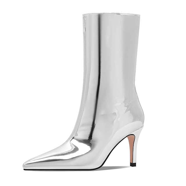 Womens Silver Mirror Boots Fashion Pointed Toe Mid Heel Short Boots Mid-Calf Shoes
