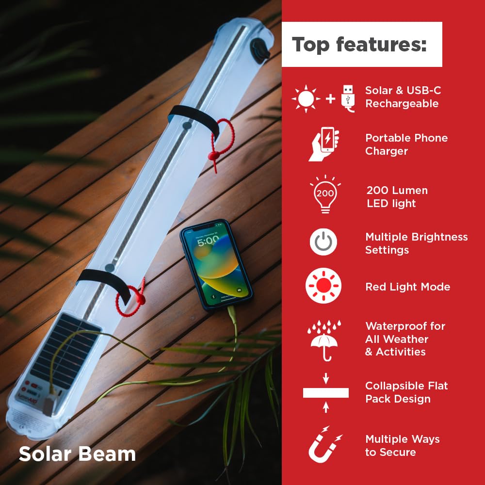 Luminaid Cargador de teléfono de haz solar de 200 lúmenes, color blanco frío o rojo, 5 ajustes de luz, incluyendo intermitente, 50 horas de tiempo máximo de funcionamiento, recargable a través de