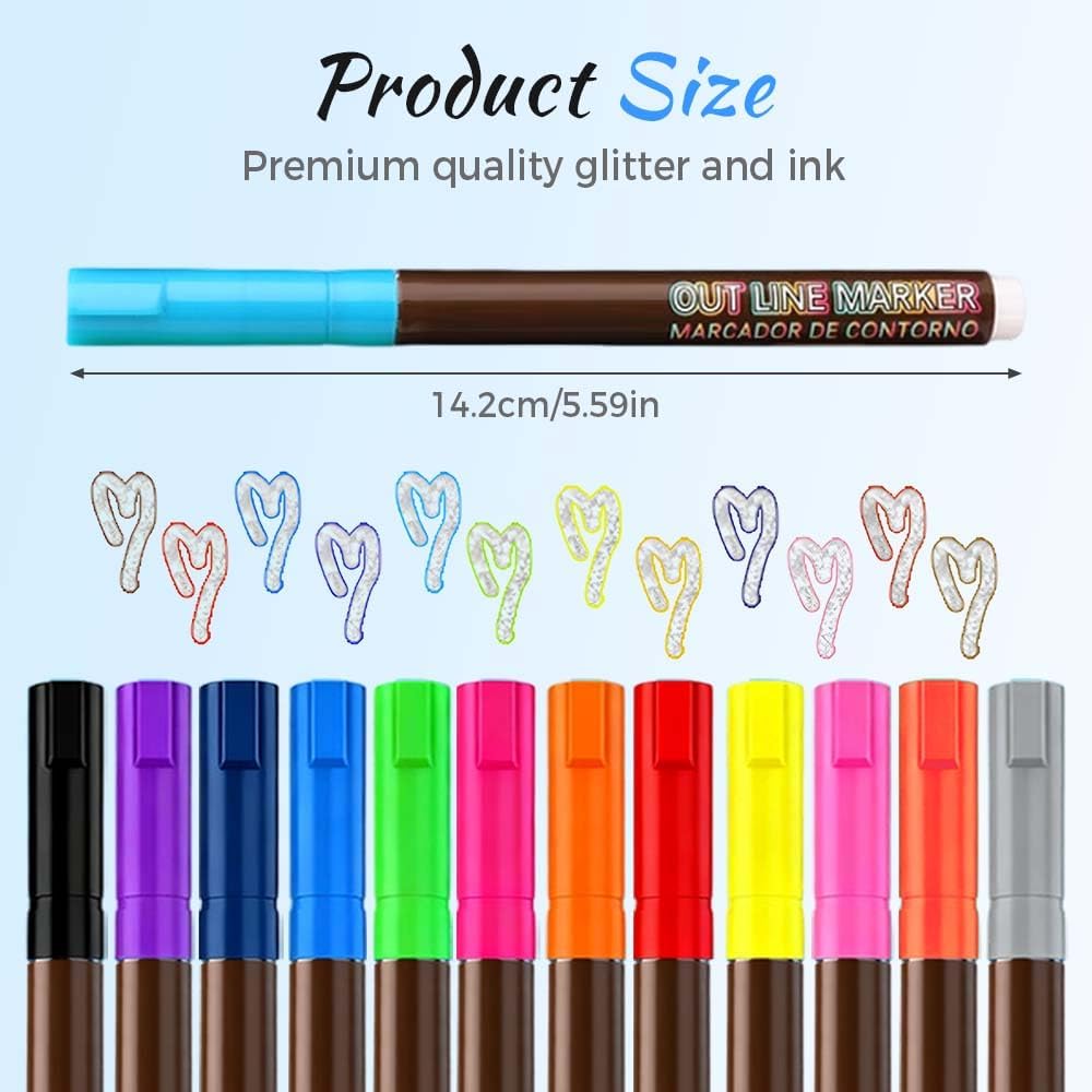 Markers Outline Double Line, 2026 New Dual-Line Highlighter Outline Marker Set, Glitter Pens Metallic Paint Markers for Cards, Scrapbook Crafts, Doodling, DIY Art Crafts Paper Supplies (24 colors)
