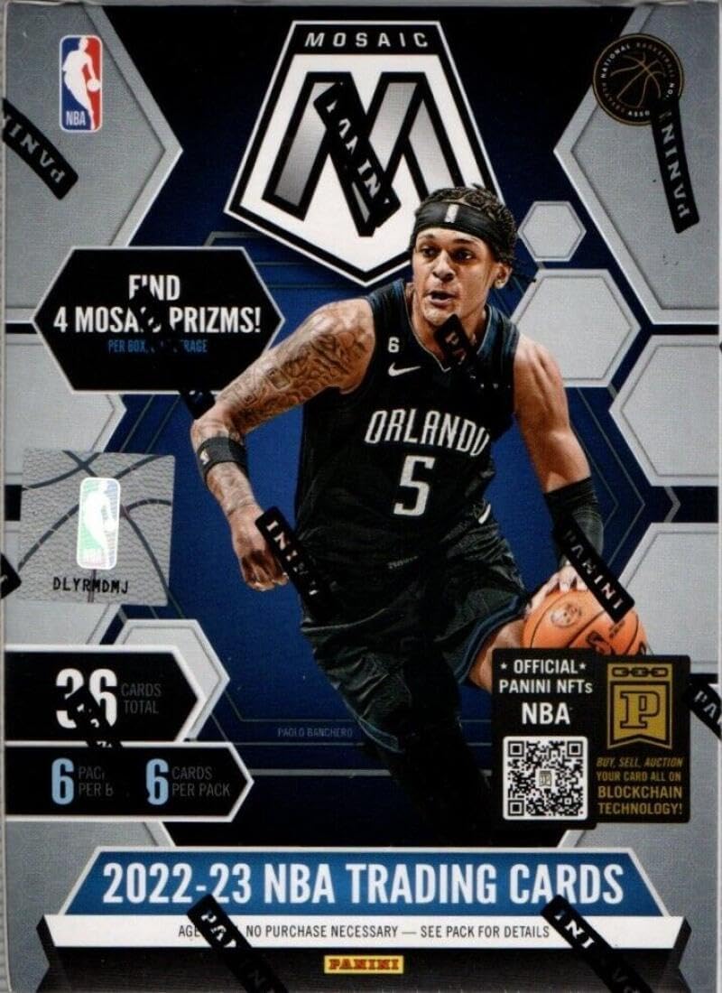 2022-23 Panini Mosaic NBA Basketball Factory Sealed Retail Blaster Box 6 Packs of 6 Cards. Find 4 Mosaic Prizms Per Box on average. Look for possible Blaster Exclusive Mosaic Orange Flourescent numbered to 25 and Ultra Rare Mosaic Genesis Prizms.