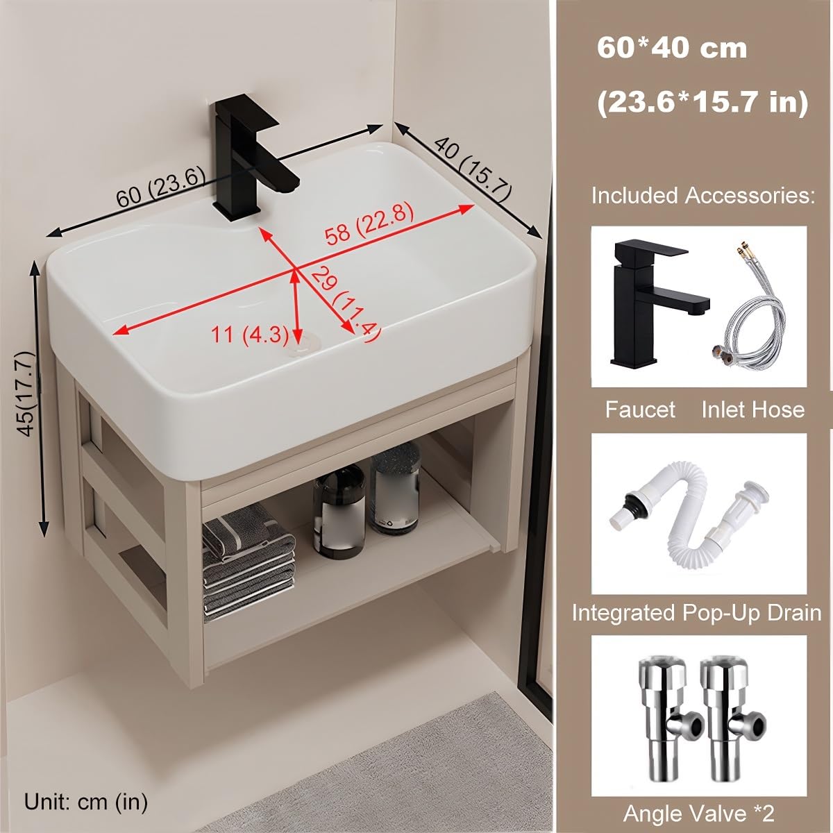 Fregadero de esquina flotante de pared con armario de almacenamiento, diseño que ahorra espacio para baños pequeños, decoración moderna, solución elegante y funcional
