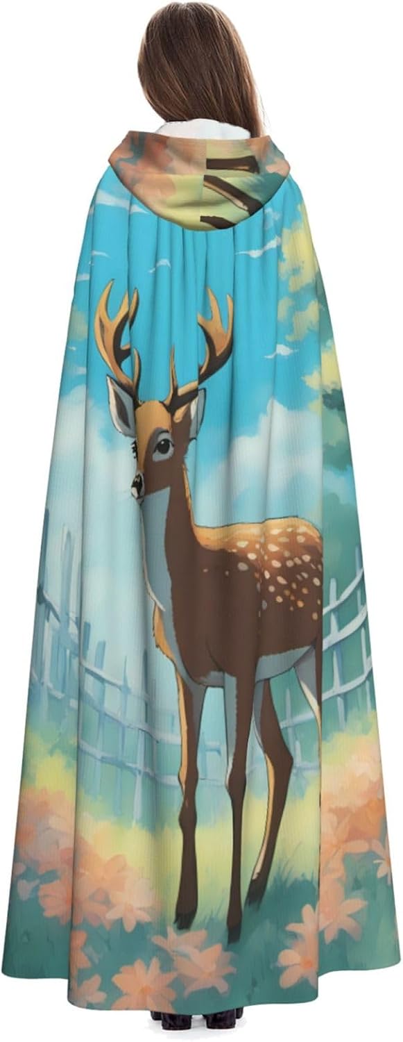 Unisex Full Length Hooded Halloween Christmas Party Robe Cloak Cape Cosplay Costume Men Women A Cartoon Deer Prints Black