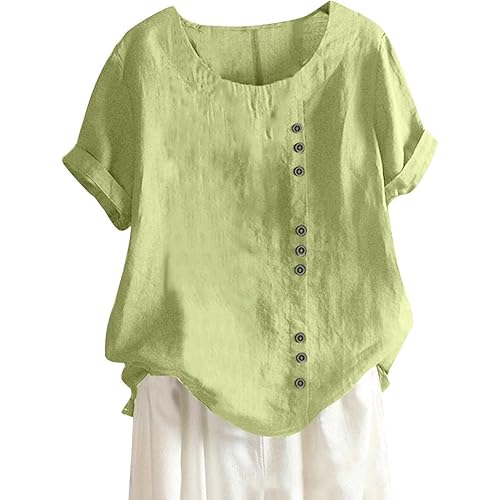Linen Shirts for Women Round Neck Vintage Cotton and Hemp Solid Button Short Sleeve T-Shirt Top