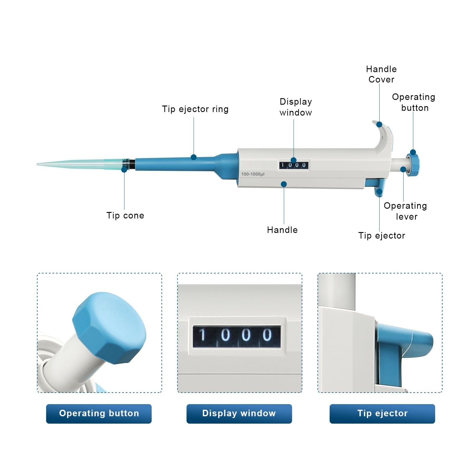 pipeta de Laboratorio, Pipeta automática de Laboratorio, micropipeta Ajustable un Solo Canal, pipeta Transferencia plástico con Puntas(100-1000ul)