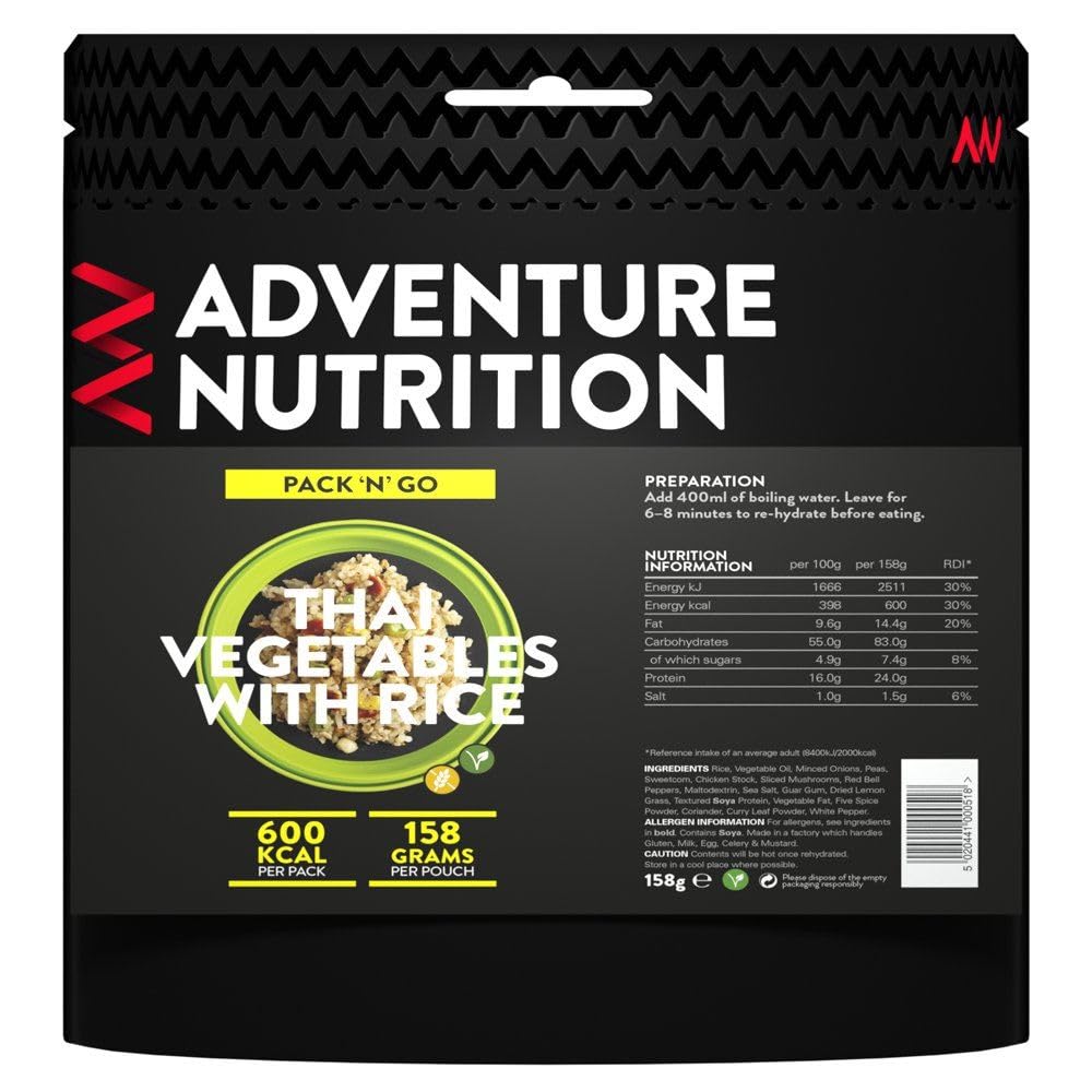 Adventure Nutrition Pack N Go Freeze-Dried Lightweight Food, 600 Kcal, for Adventurers, Hikers, Campers, Emergency Services, Mountaineers (1, Vegetarian Thai Vegetables with rice)