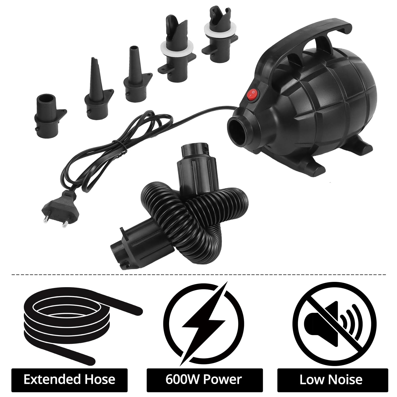 QWORK® Elektryczna pompka powietrza o mocy 600 W, cicha, przenośna pompka z 5 dyszami, idealna do dmuchanych mat powietrznych, pontonów, kół ratunkowych i wielu innych