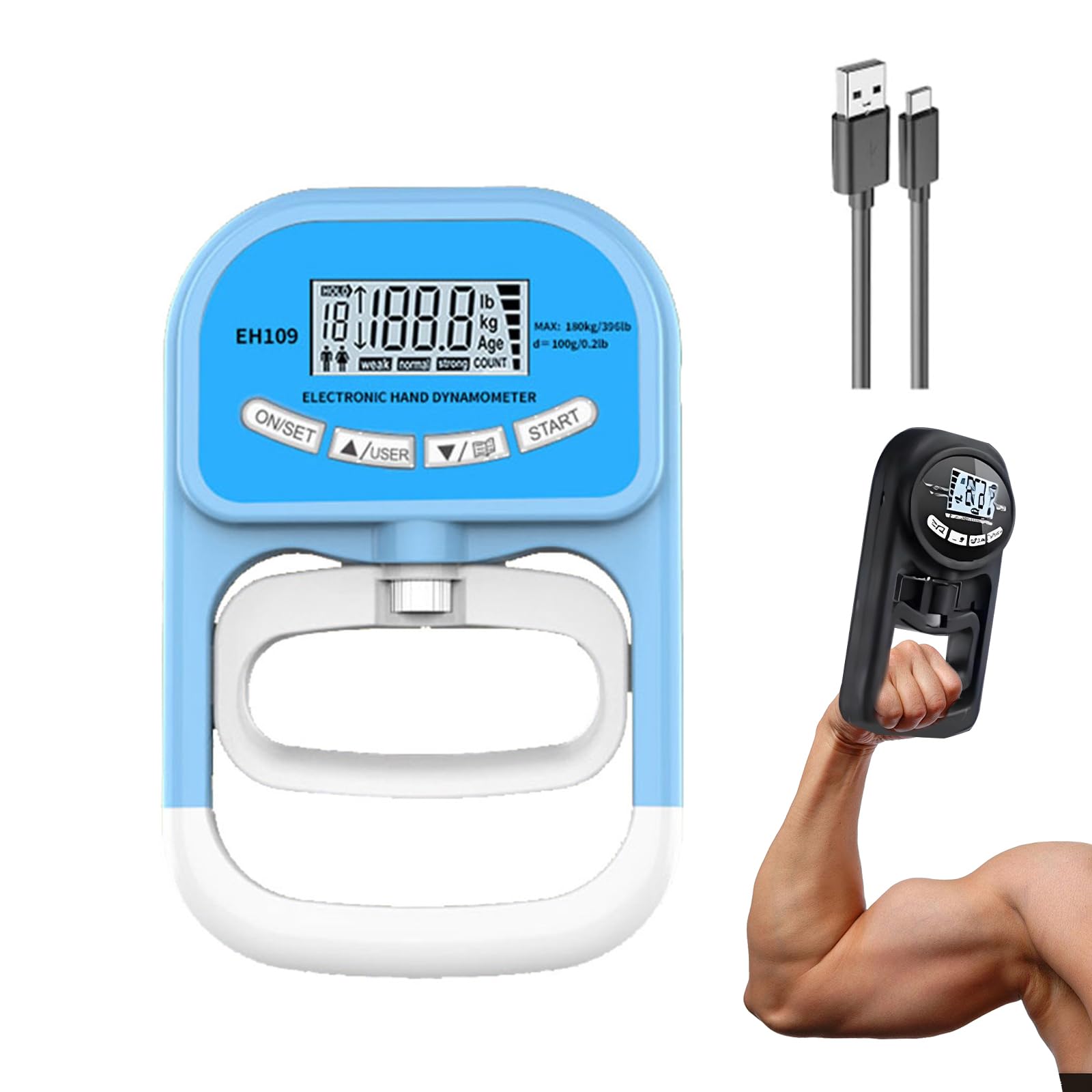 Hand Dynamometer Grip Strength Trainer, 396LBS / 180KG Grip Strength Tester with LCD Display, Rechargeable Electronic Hand Grip Strength Tester, Black (Blue)
