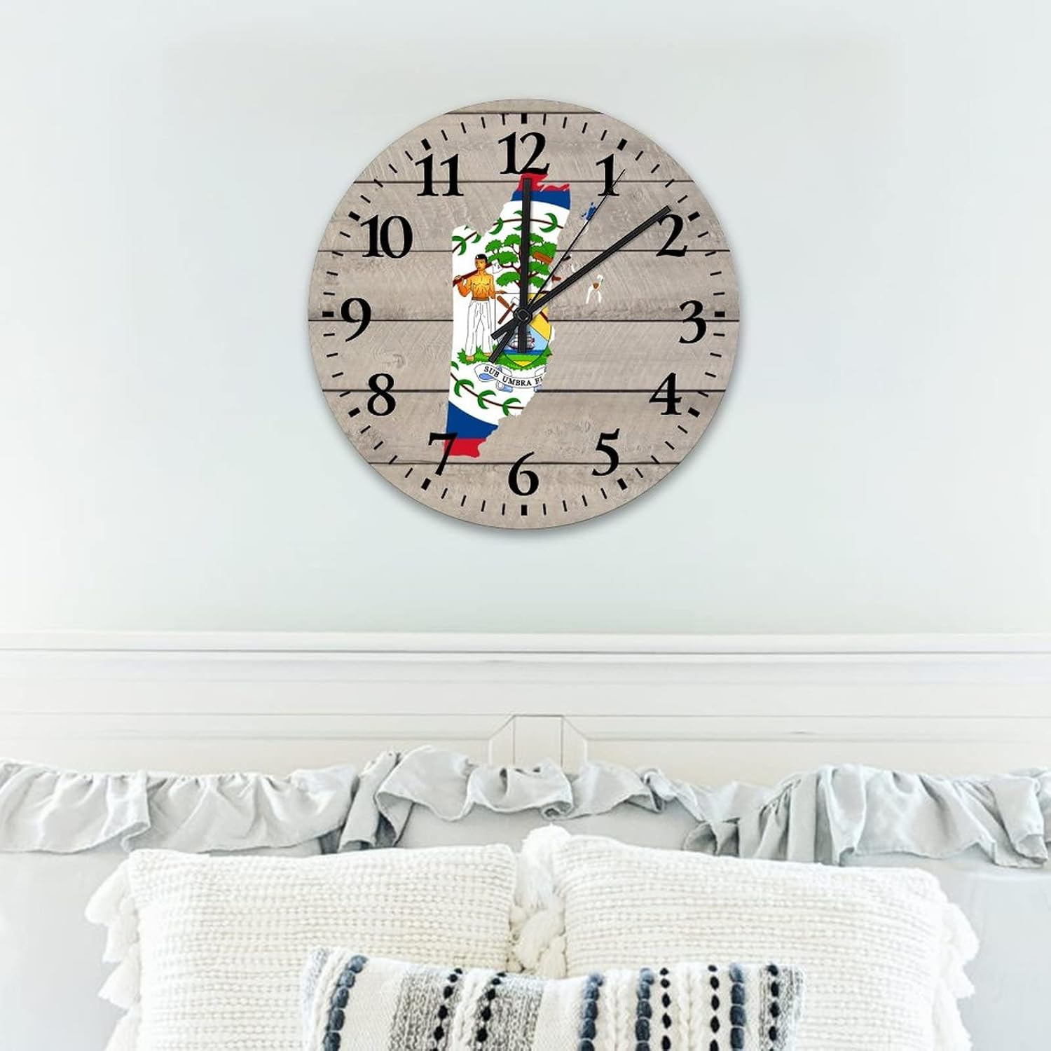 15 Inch National Flag Belize Outline Wooden Wall Clocks Battery Operated Map Outline Vintage Wood Print Wall Clock Arabic Numbers Round Clock for Kids Room and Kitchen