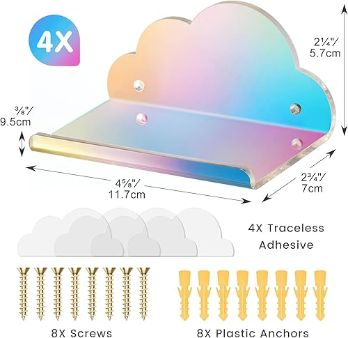 Miniatura 3 de NiHome Estantes flotantes de acrílico iridiscente, paquete de 4 estantes de nube, pequeño estante flotante para pared, montaje en pared y