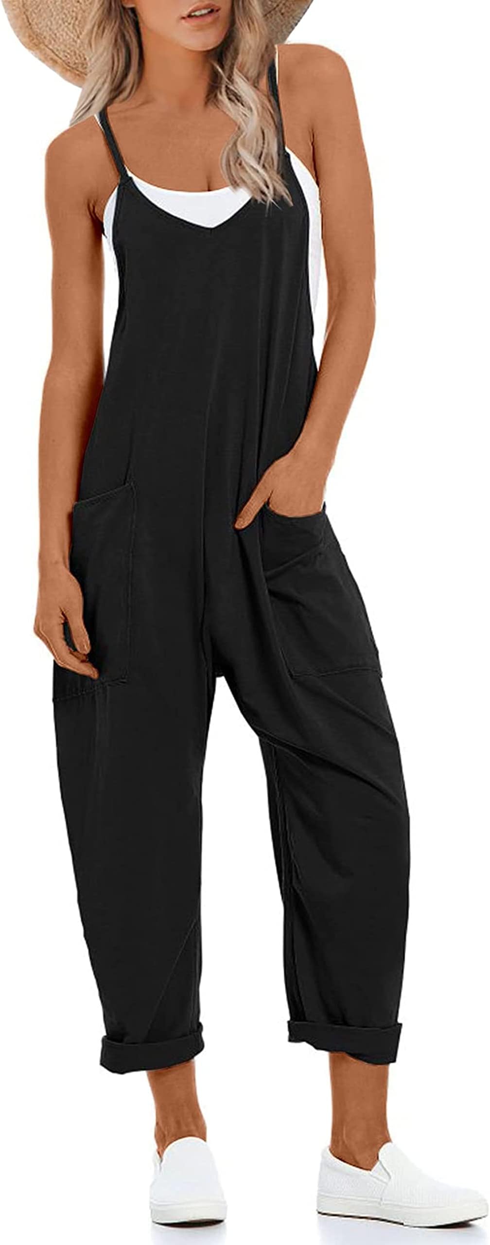 Women's Causal Jumpsuits V Neck Sleeveless Harem Overalls Stretchy Adjustable Strap Romper with Pockets