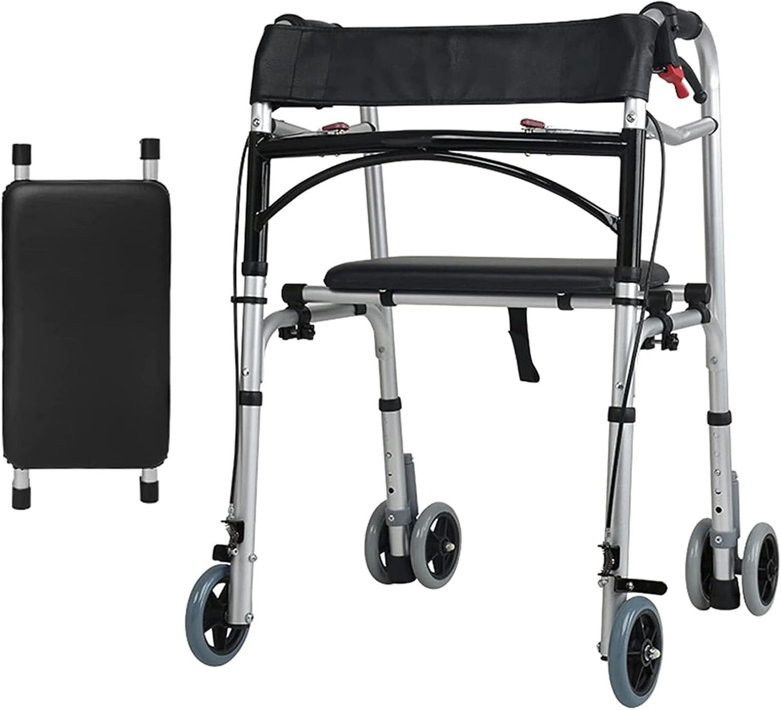 Leichter Aluminium Gehbock mit Rollen Klappbar, 4-Rad-Walker mit gepolstertem Sitz, arretierbare Bremsen, einfach zu faltender Gehwagen, für ältere oder behinderte Menschen, Mobilitätshilfe