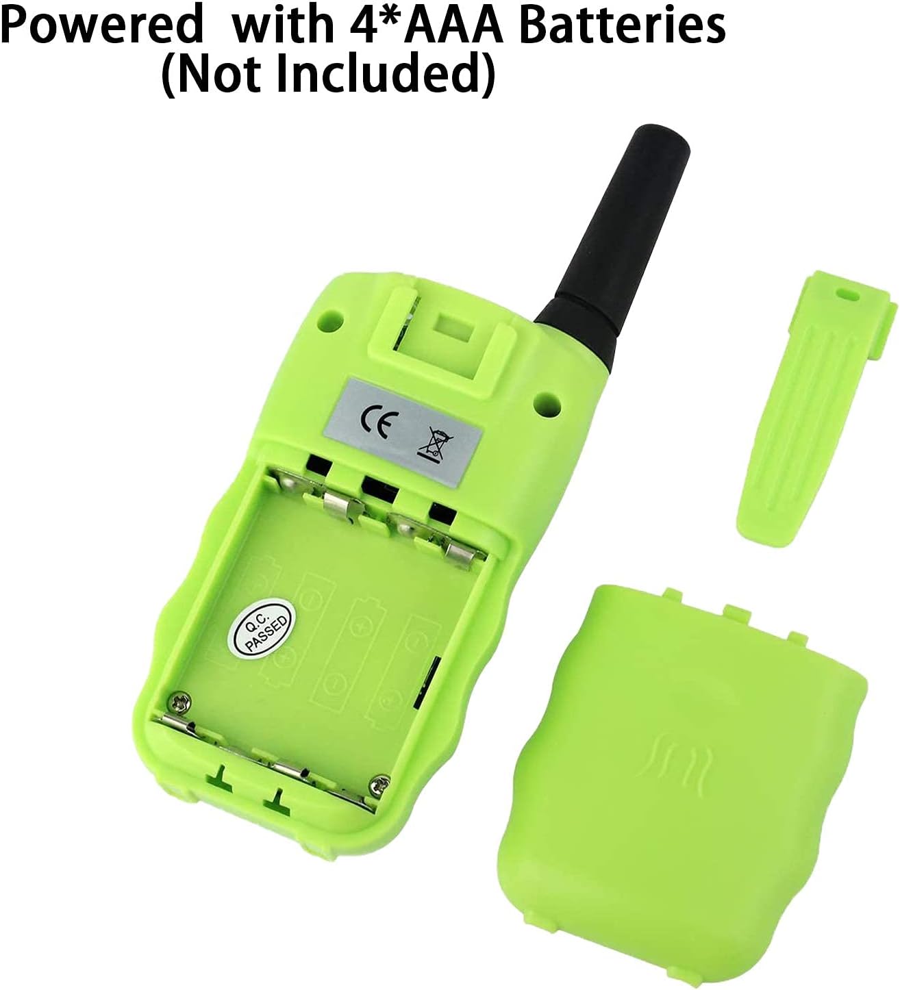 Open battery compartment of Retevis RT32 Walkie Talkie showing where to insert 4 AAA batteries.