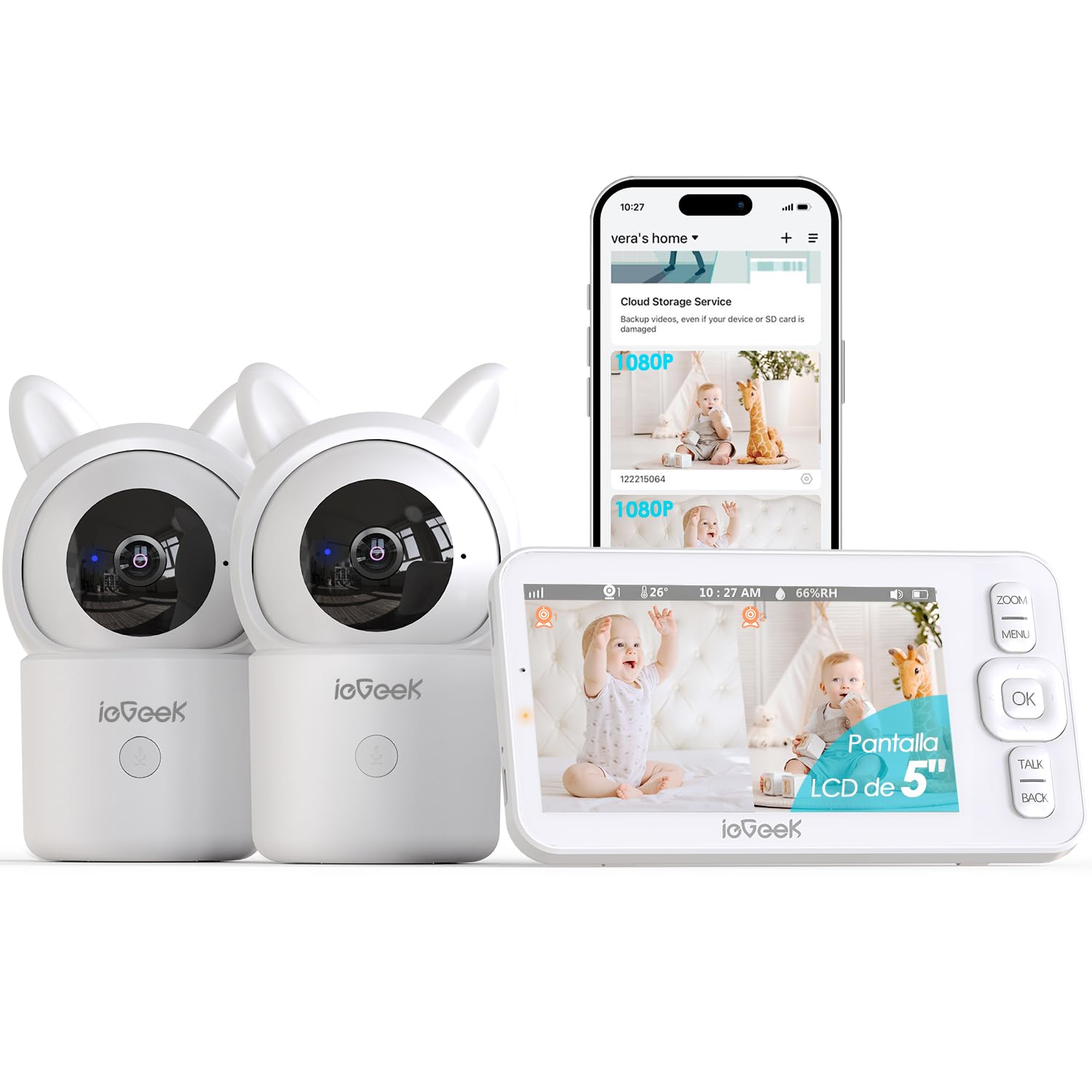 ieGeek Cámara Vigilancia Bebé con 2 Cámaras 1080P, Baby Monitor con Pantalla 5" Dividible, Vigilabebés con 360° PTZ, Detección de Movimiento y Llanto, Visión Nocturna, Monitor de Temperatura Global Recycled Standard Global Recycled Standard Global Recycled Standard