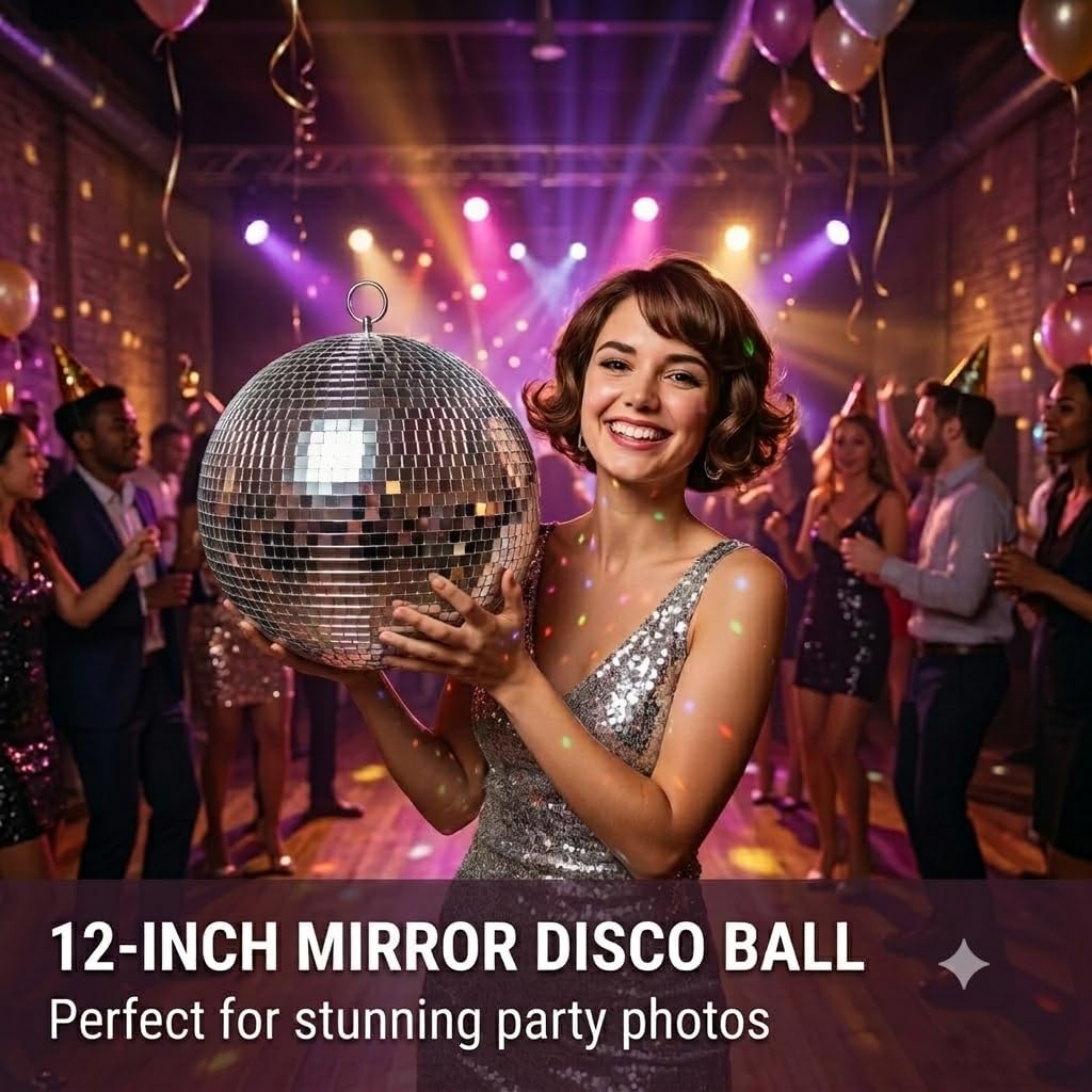 Disco Ball 12-Inch – Large Hanging Mirror Ball - Cool and Fun Hanging Party Disco Ball for Big Party Decorations, Party Design