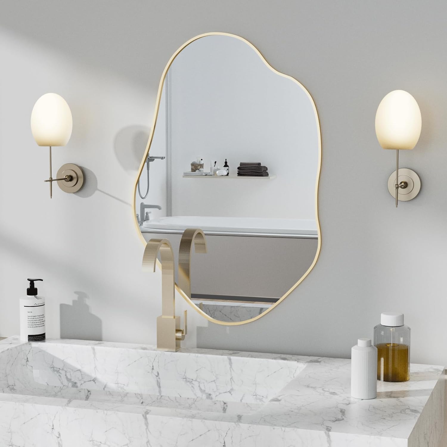 41"x28" Irregular Wall Mirror Cloud Asymmetrical Shaped Gold Aluminum Alloy Framed Mirror for Living Room Bathroom Bedroom Entryway Fireplace