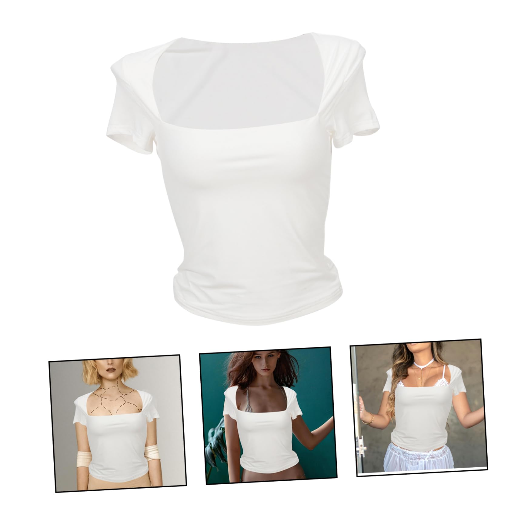 4piezas Camiseta Básica De Manga Corta para Mujer Cuello Cuadrado T-Shirt Color Sólido para Ocasiones Casual y Verano