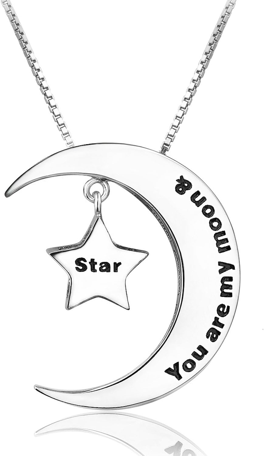 Mom and Daughter Necklace Sterling Silver Moon and Star Pendant Necklace Engrave You are my Moon and Star Jewelry Gift for Mother Grandma
