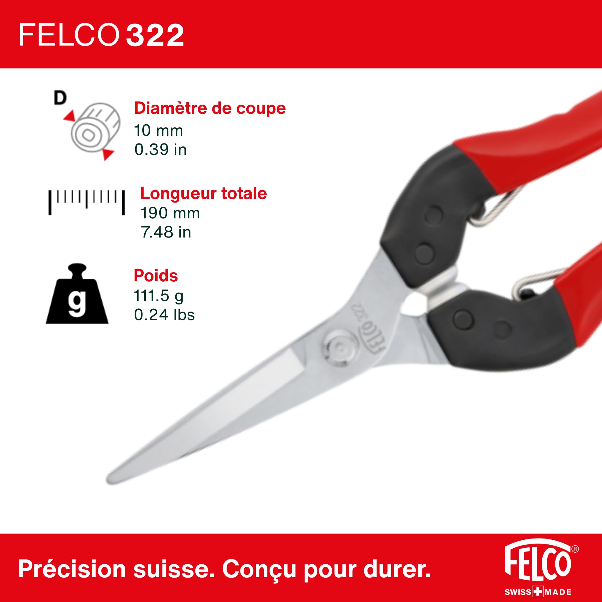 FELCO 322 épinette longue portée, lame chromée 46 mm, coupe 10 mm, poignées acier ergonomiques, amortisseurs polyuréthane, outil précis et léger 190 mm, pour jardinier, fleuriste, viticulteur