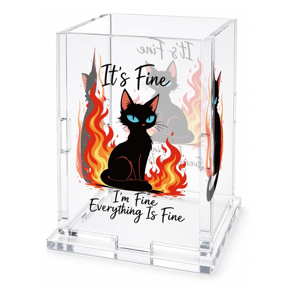 GOMAKERER Funny Black Cat Fire Acrylic Pencil Holder Cup, I'm Fine Detachable Clear Makeup Brush Storage Organizer Desktop Stationery Accessories Holder for Office Home Supplies, 3x3x4 Inch