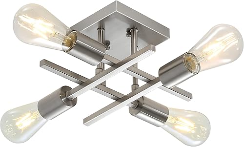 Miniatura 13 de Lámpara industrial de techo semiempotrada de 4 luces, paquete de 3 candelabros modernos de níquel cepillado, lámpara de techo Sputnik estilo granja,