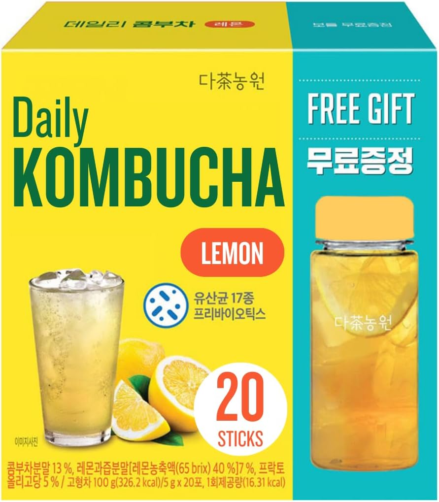 UNHA'S ASIAN SNACK BOXGarden Kombucha Tea, Powder 5g x 20 Sachets (100g/3.52oz) Probiotics, Prebiotics, Sugar Free, Balck Tea, Healthy Drink with Bottle (FREE BOTTLE SHAKER) (Lemon)