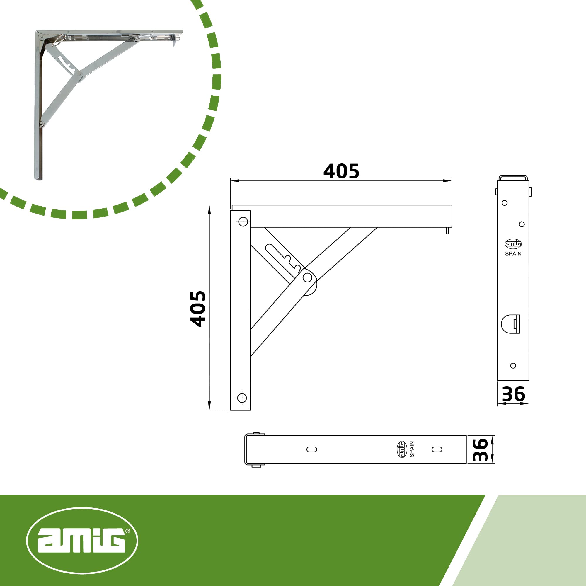 Amig - Palomilla para estanterías de pared - Escuadra metálica para baldas - Ángulo para estantes - Soporte estantería - Acero - Color Cromado - Medida: 400 mm - Peso máx. recomendado: 60 Kg