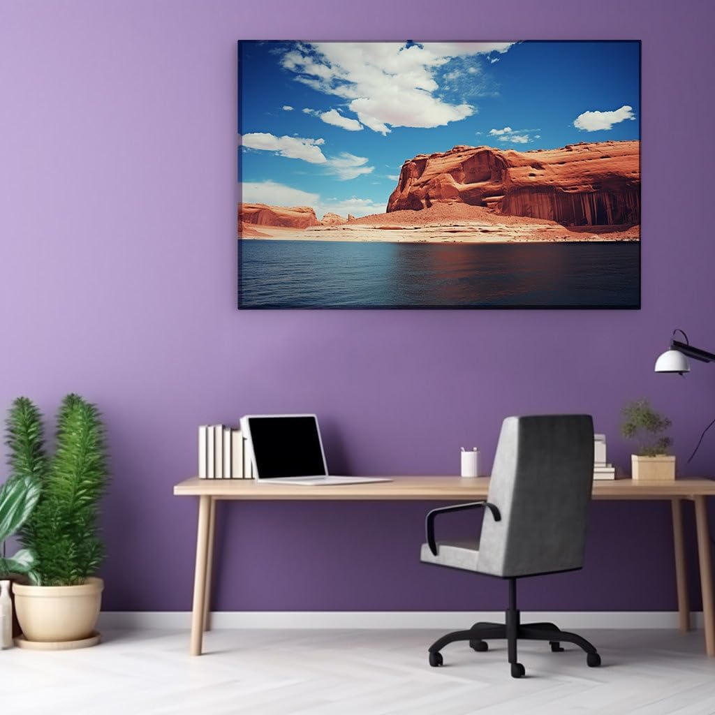 Canvas for Living room. Majestic Red Rock Serenity by the Deep Blue Lake, 27 x 18 inch Canvas Wall Art - Captivating Portraits - Modern Home Decor
