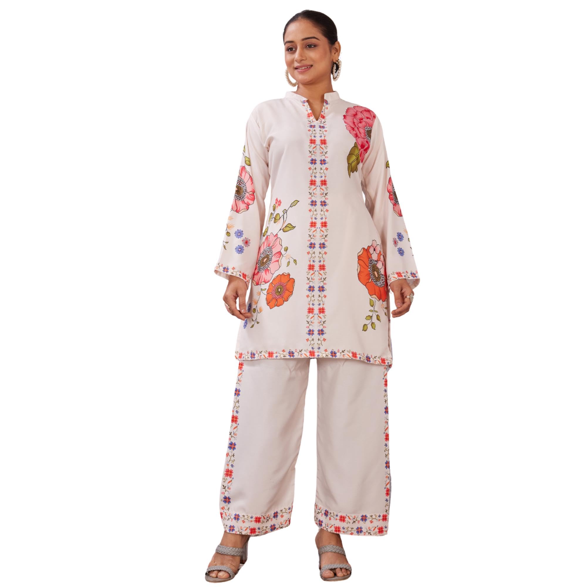 Womens Rayon Co-Ord Set With Peach Floral Design And Floral Design On The Border Of Kurti And Pant Full Sleeves V-Neck 2-Piece Ethnic Wear-image-43