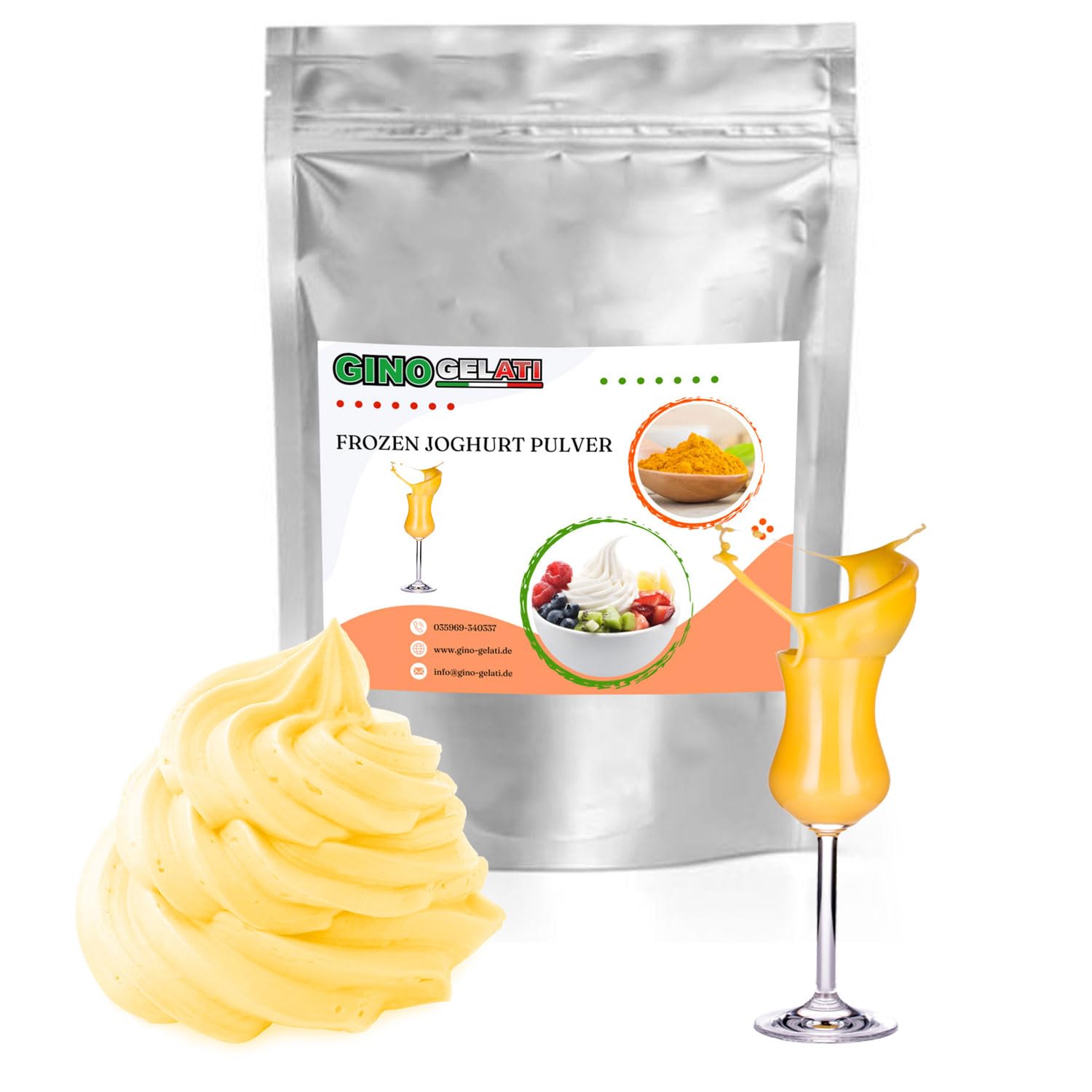 Gino Gelati Frozen Joghurt Pulver mit verschiedenen alkoholischen Geschmäckern, alkoholfrei, Made in Germany, schnelle und einfache Zubereitung ohne Eismaschine möglich (1 Kg, Eierlikör)