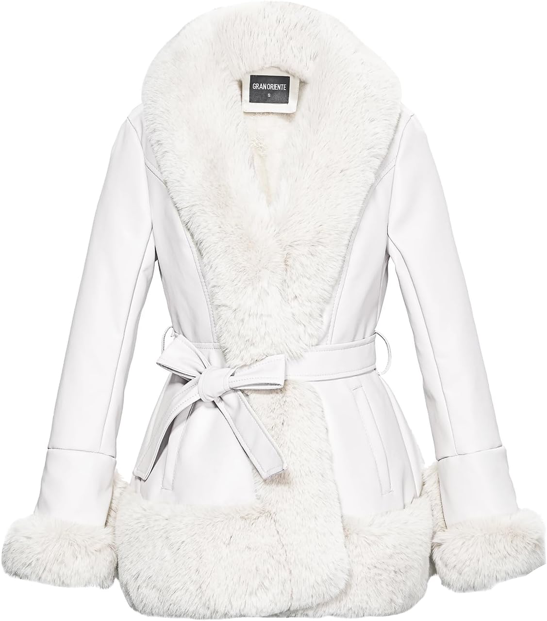 GRAN ORIENTE Women's Faux Leather Jacket with Faux Fur Collar, Winter Long Sleeve Furry Trim Peplum Parka Coat with Belt