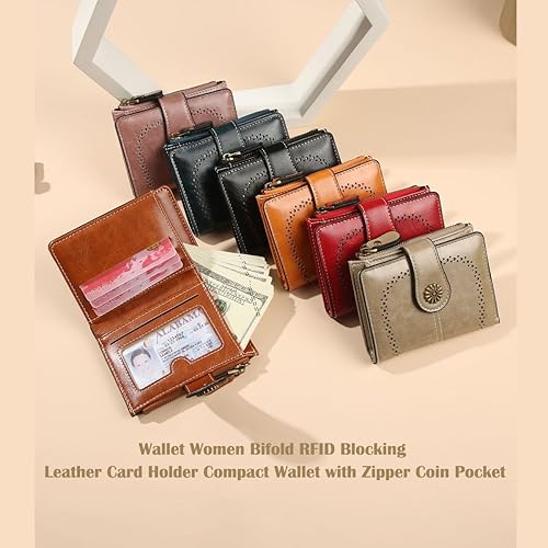 Miniatura 7 de Billetera para mujer, plegable, con bloqueo RFID, de cuero, tarjetero compacto con bolsillo para monedas con cremallera, Azul eléctrico, Pequeña,