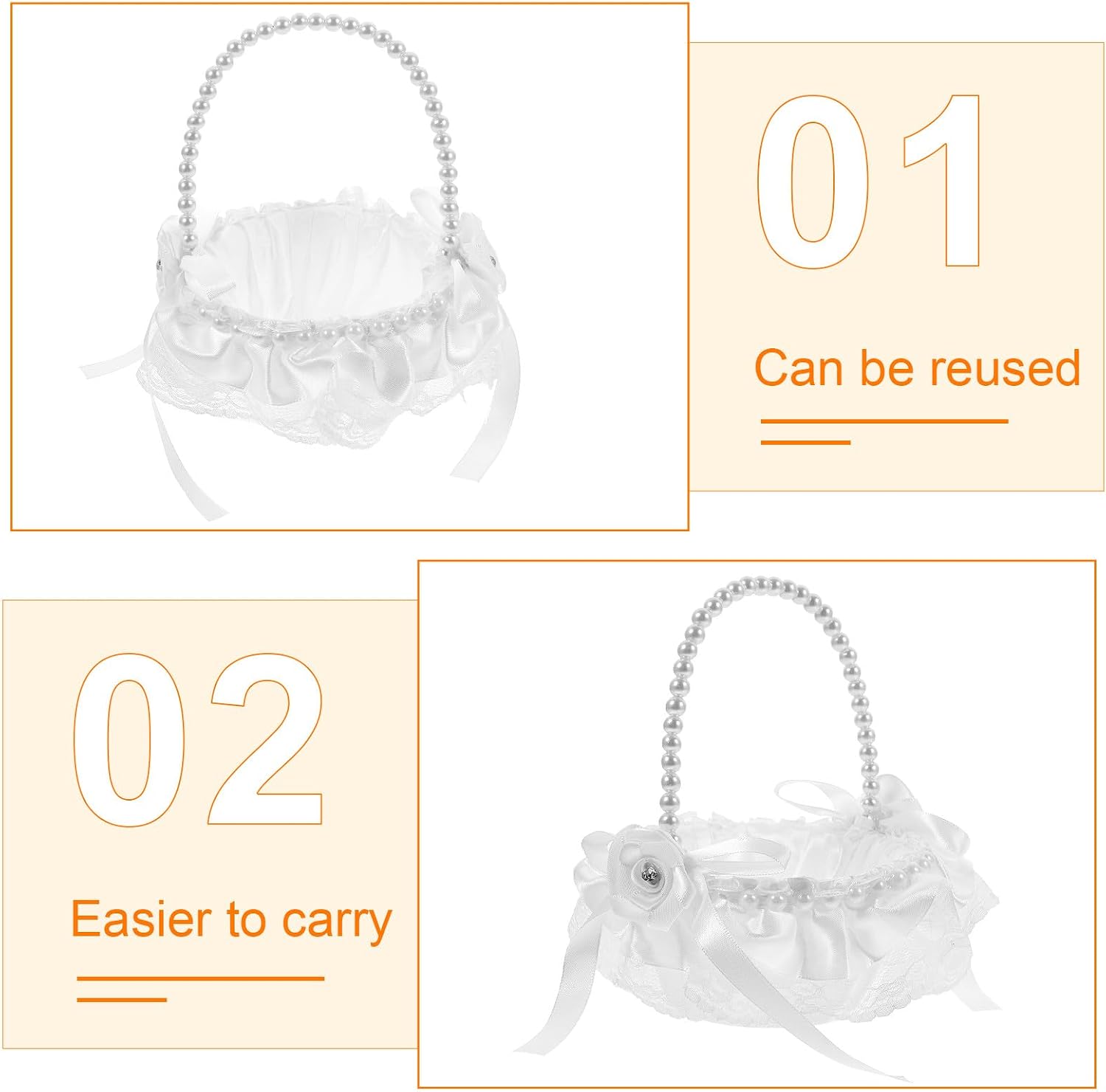 Flower Girl Basket Handheld Wedding Basket with Pearl Handle Lace Trim for Wedding Ceremony Party Supplies