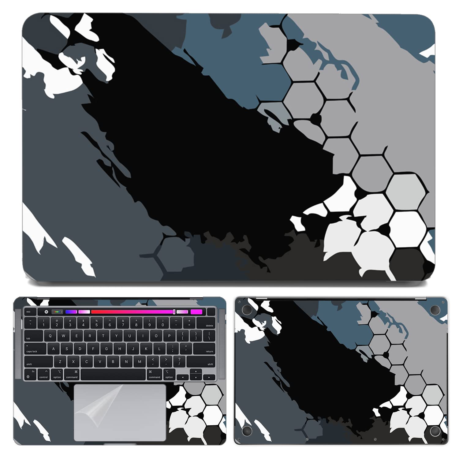 Dzazner Fullbody 4 in 1 Precision Cut Laptop Skin Wrap Decal Vinyl Sticker Compatible for MacBook Pro 13 Inch, Model A1989, Release 2018 - Black Grey Honeycomb Art