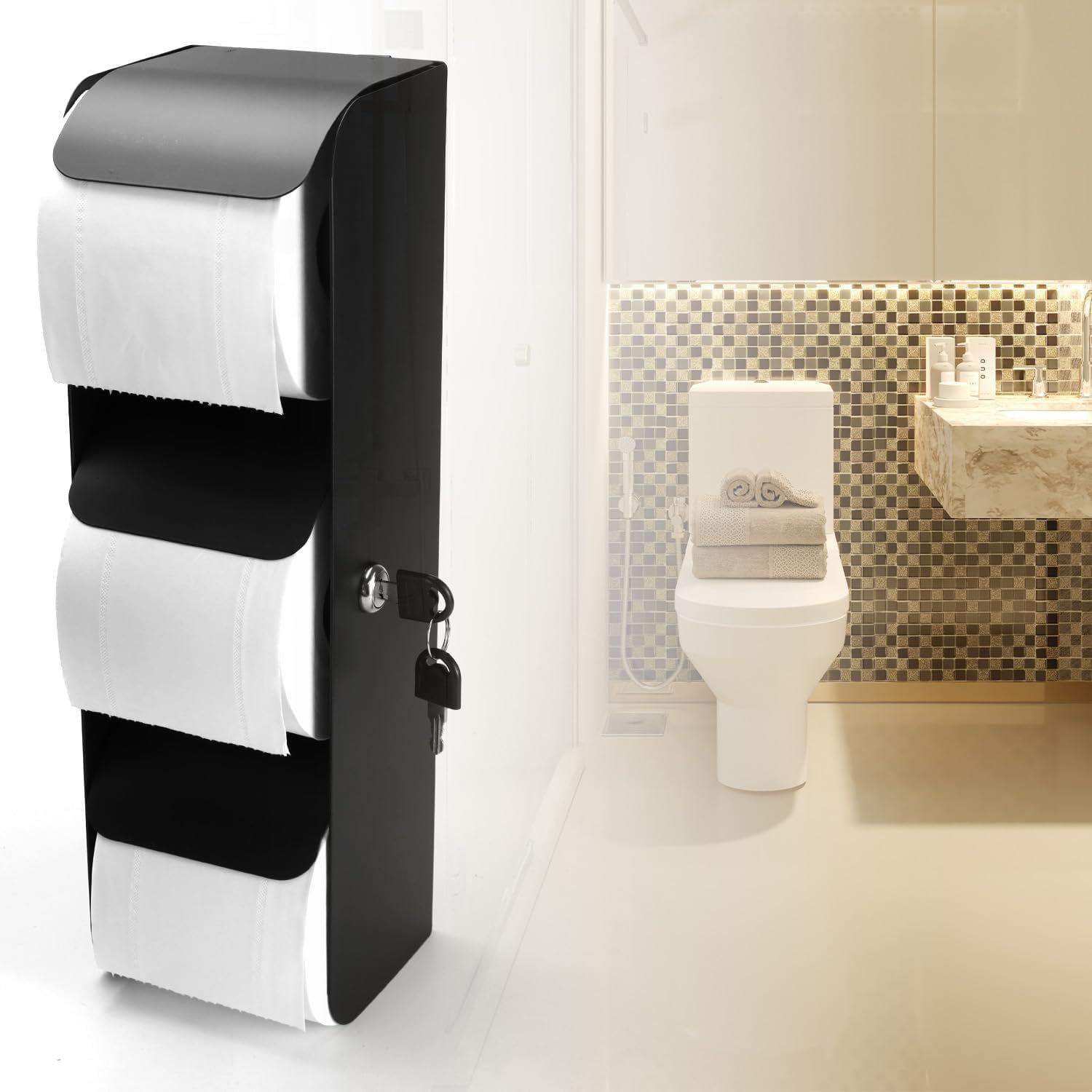 QWORK 3-Roll Stainless Steel Toilet Paper Dispenser with Lock, Wall Mount, Black, Durable for High-Traffic Areas