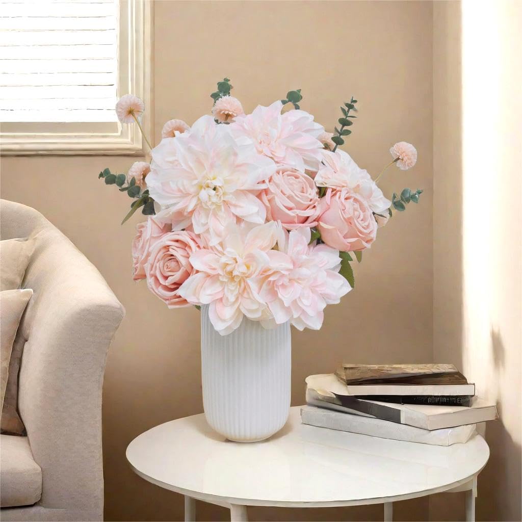 Artificial Flower Arrangement Silk Dahlia Bridal Bouquet Faux Roses for Wedding Decor Home Realistic Fake Flowers(Rose Pink)