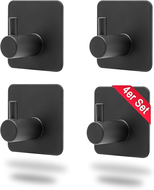 Edel-Wohnen Pack of 4 Towel Holders without Drilling Self-Adhesive Hooks Adhesive Hooks Bathroom Towel Hooks Self-Adhesive Black, KH-109